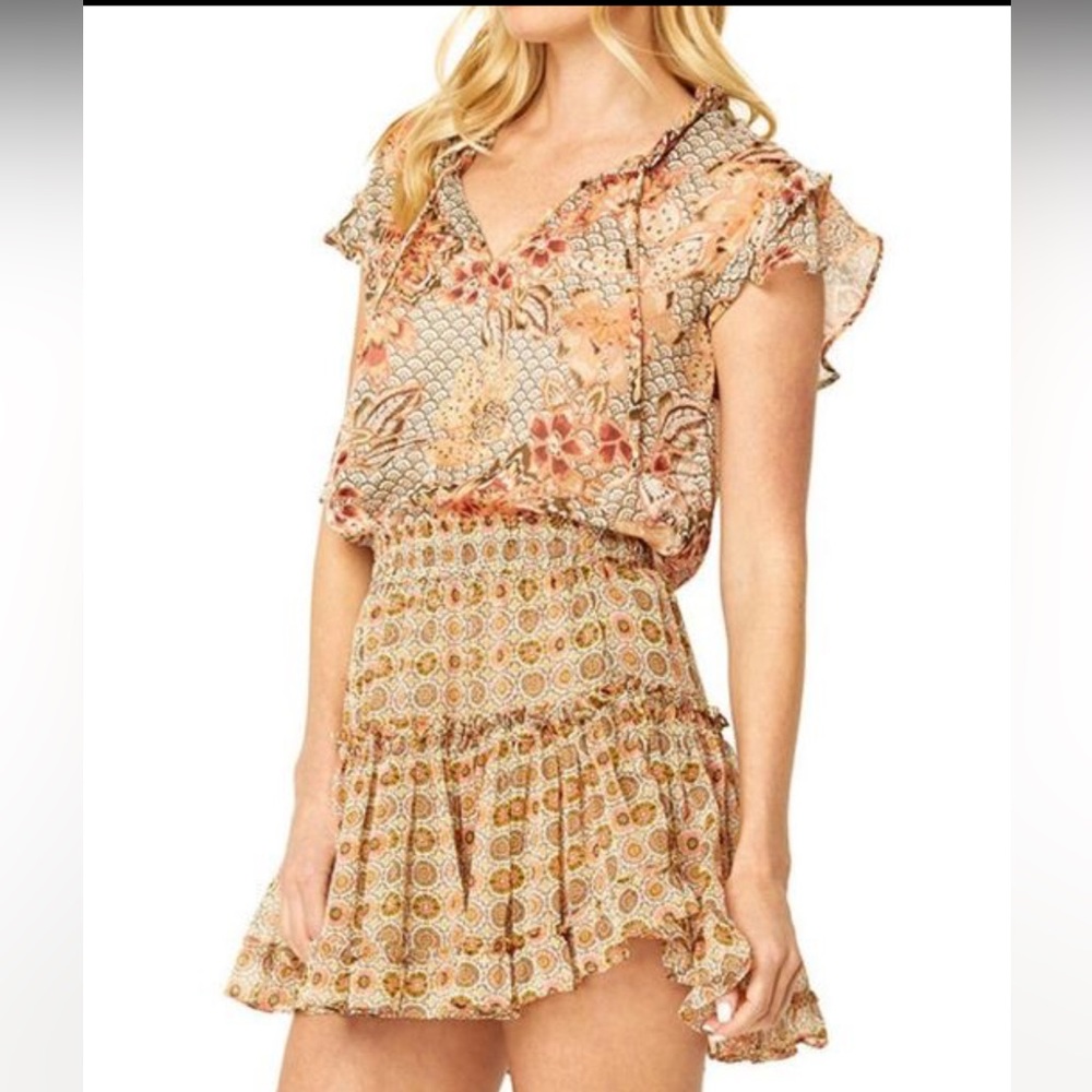 NWT MISA. MARION MINI SKIRT.Chiffon. FLORA  MEDALLION tile.Romantic ruffles.Sz L